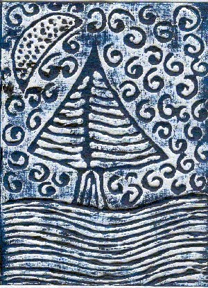 Z mekolom narisan vzorec, pobarvano z belim akrilom, čez z gobico, pomočeno v modro oljno 