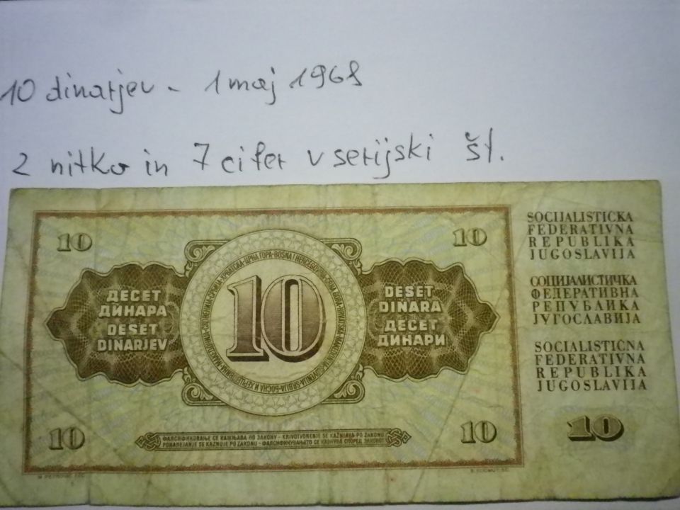 10 dinarjev - 1 maj 1968, z nitko in 7 cifer v serijski št.
